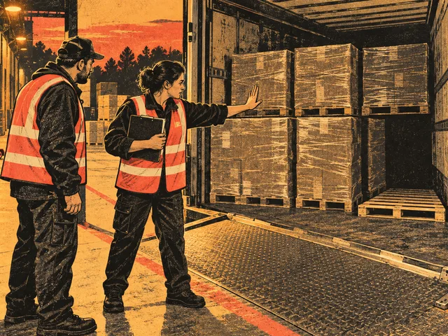 Illustration en gravure sérigraphiée : au quai, une responsable logistique arrête la fermeture d’un camion et montre à un chauffeur un emplacement de palette vide tout en tenant la liste de chargement.
