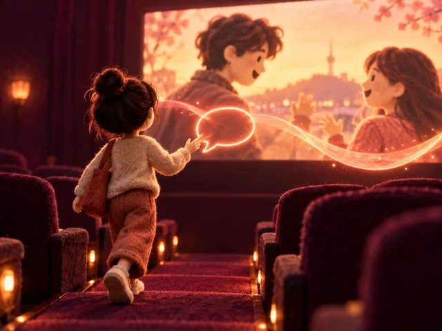 Illustration générée en feutre : une spectatrice quitte son siège de cinéma et saisit un ruban lumineux qui sort de l’écran pour devenir une bulle de parole.