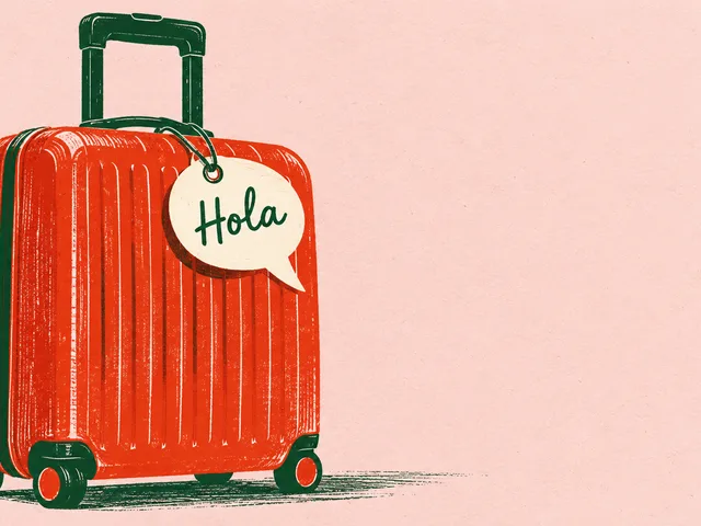 Illustration générée dans un style de linogravure : une valise rouge porte une étiquette en forme de bulle avec le mot Hola, sur fond rose pâle.