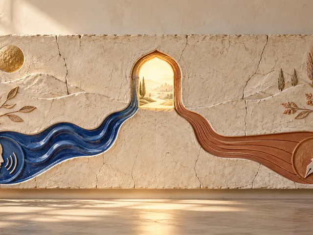 Bas-relief en céramique ivoire : un sillon cobalt représentant la voix et un sillon terracotta représentant l’écriture convergent vers une arche lumineuse.