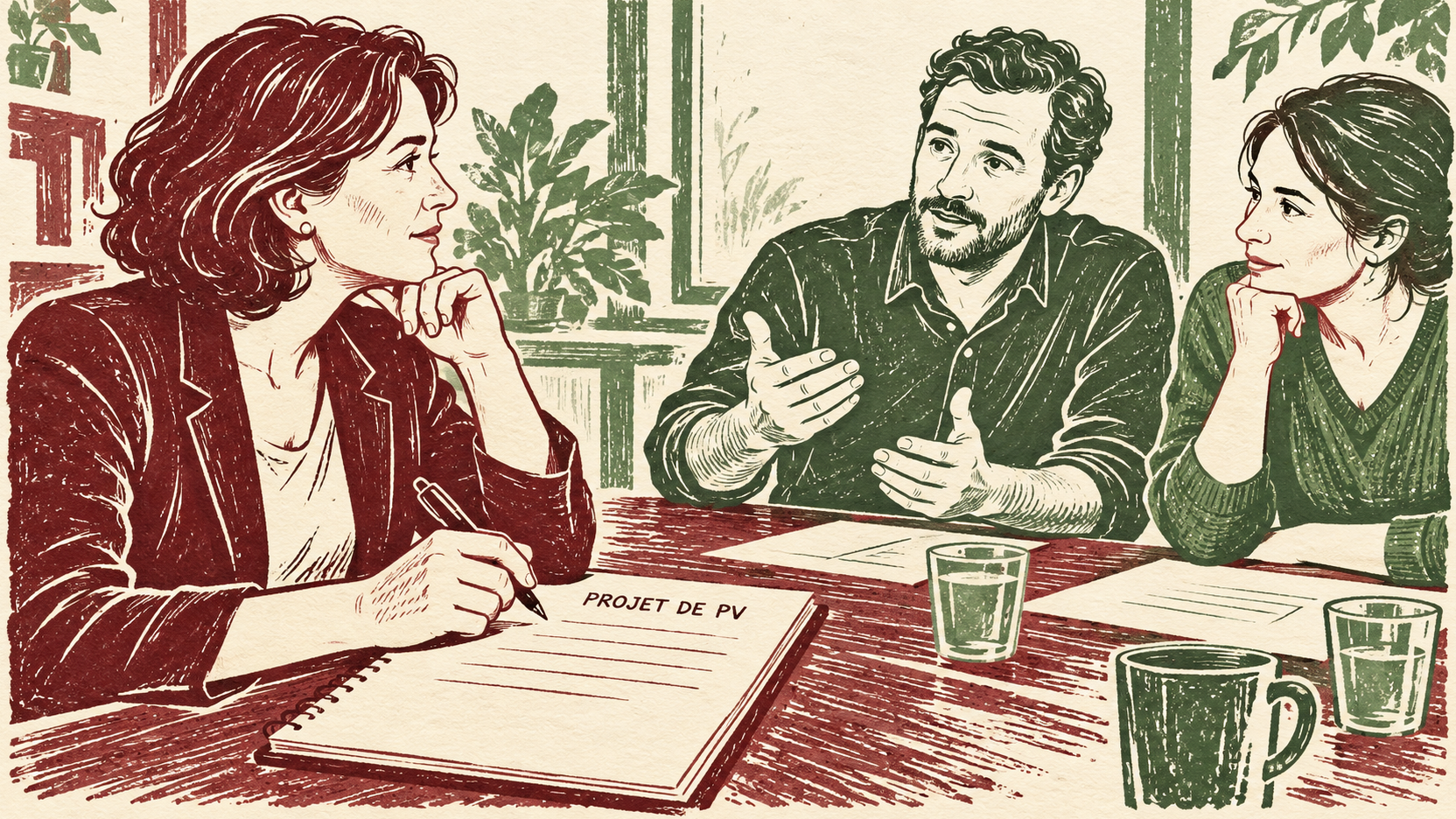 Illustration générée en style gravure : une secrétaire tient son stylo au-dessus d’un carnet « Projet de PV » et écoute deux collègues pendant une réunion.