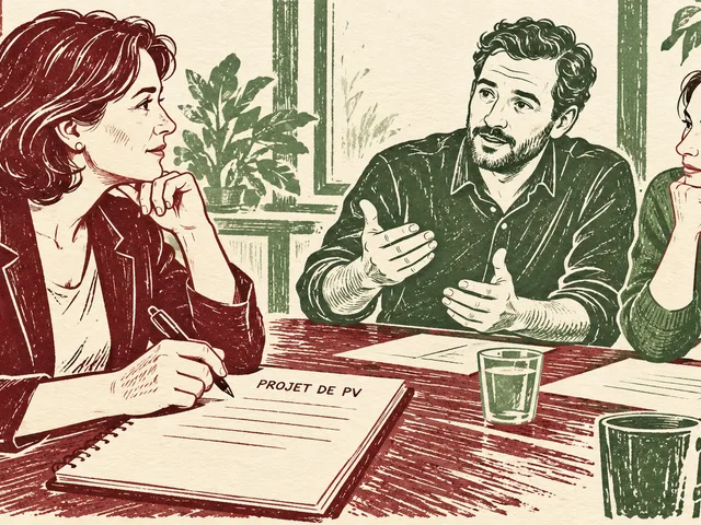 Illustration générée en style gravure : une secrétaire tient son stylo au-dessus d’un carnet « Projet de PV » et écoute deux collègues pendant une réunion.