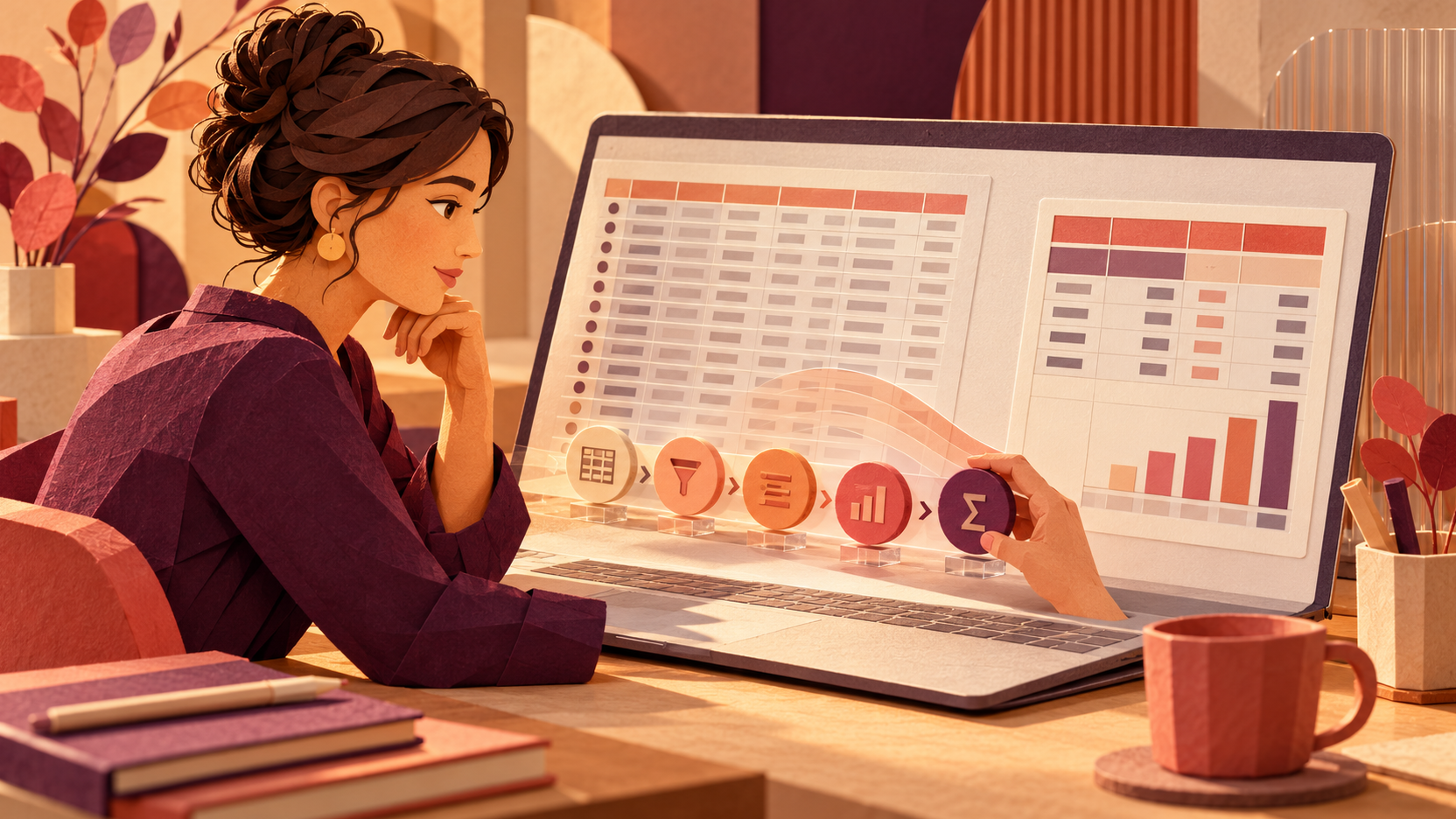 Illustration d’une professionnelle vérifiant cinq bases Excel avant de transformer une liste de dossiers en tableau croisé dynamique.