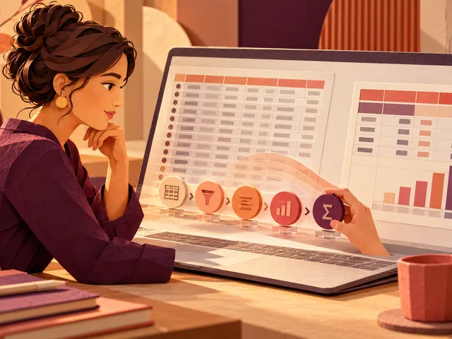Illustration d’une professionnelle vérifiant cinq bases Excel avant de transformer une liste de dossiers en tableau croisé dynamique.