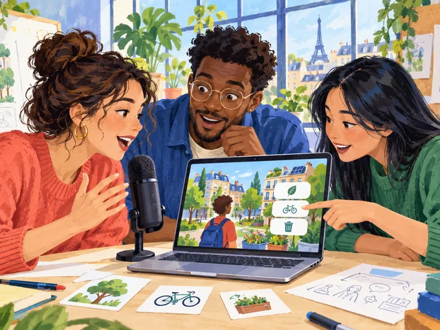 Illustration générée : trois jeunes adultes sourient autour d’un ordinateur affichant un jeu sur un quartier écologique ; l’une parle dans un micro pendant qu’une autre choisit une action.