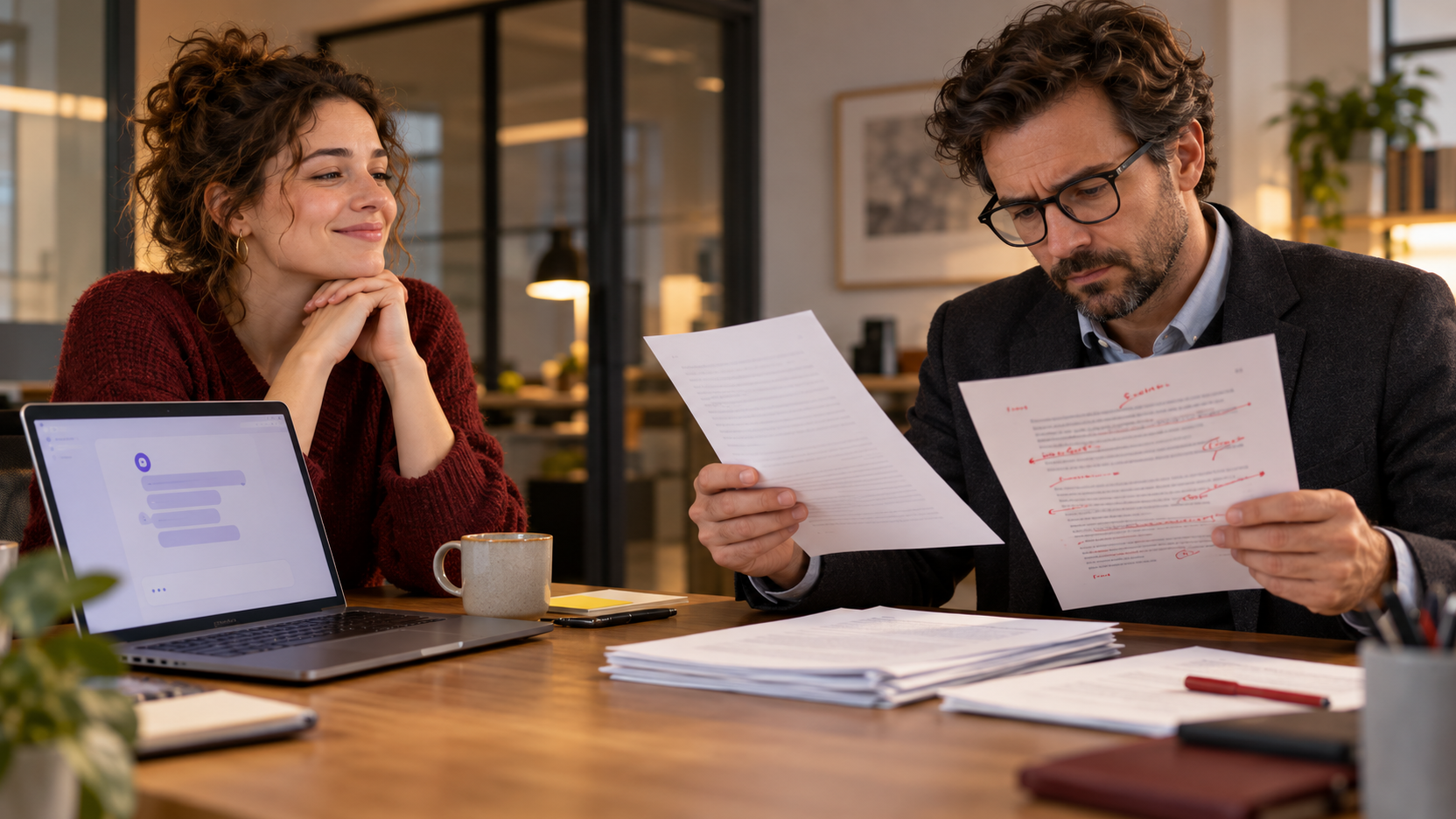 Scène illustrative : une salariée devant un assistant IA regarde un responsable comparer un brouillon avec des pages annotées en rouge.