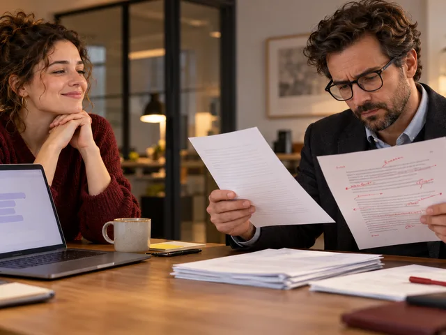 Scène illustrative : une salariée devant un assistant IA regarde un responsable comparer un brouillon avec des pages annotées en rouge.
