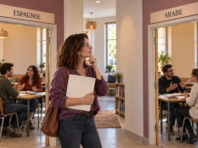 Illustration générée : une adulte hésite entre deux salles de cours signalées Espagnol et Arabe, où des personnes échangent face à face.