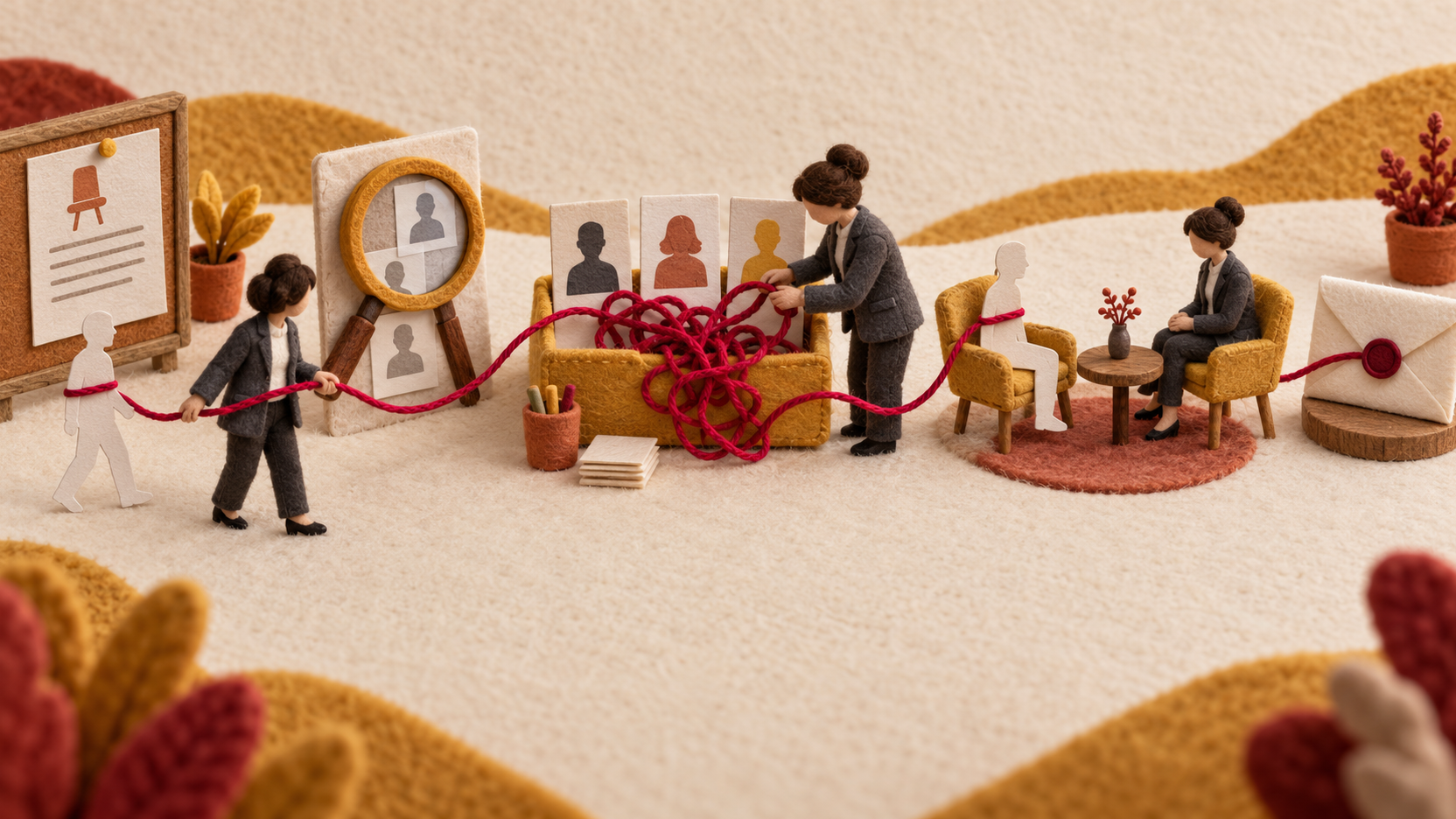 Diorama textile montrant un recruteur suivant le fil d’une candidature fictive de l’offre à l’entretien, avec un nœud au moment du tri des profils.