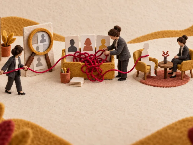 Diorama textile montrant un recruteur suivant le fil d’une candidature fictive de l’offre à l’entretien, avec un nœud au moment du tri des profils.