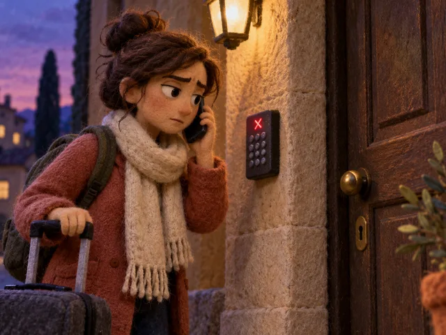 Illustration fictive en feutre : une voyageuse avec une valise téléphone devant la porte de sa location tandis que le clavier d’accès affiche un refus rouge.