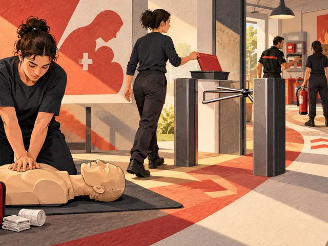 Illustration générée montrant une candidate pratiquant le secourisme sur un mannequin avant de franchir un portique vers une zone de formation à la sécurité incendie.