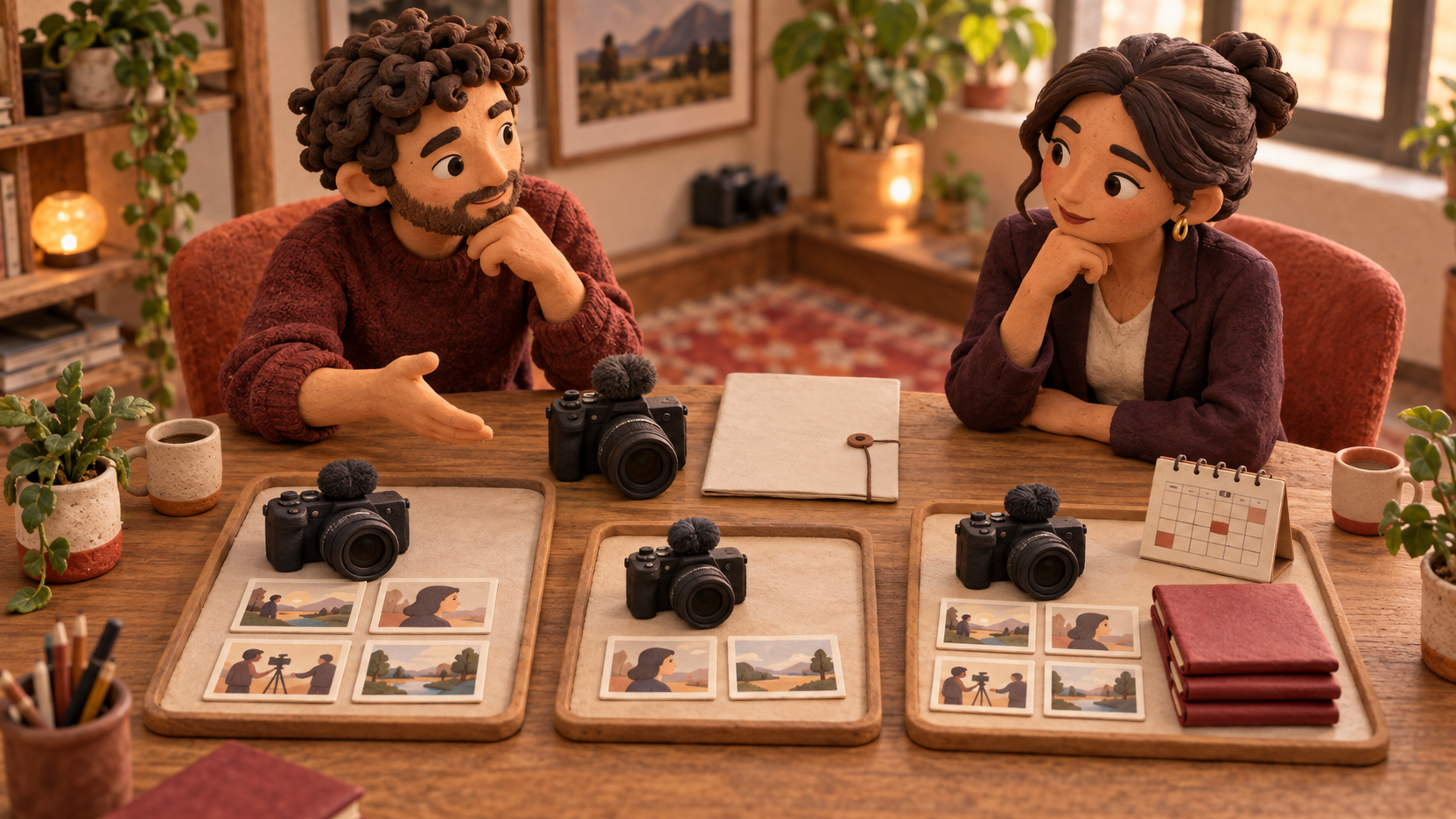 Illustration en argile d’un vidéaste indépendant et d’une cliente professionnelle comparant trois versions d’une même prestation vidéo, avec des livrables et un calendrier différents.