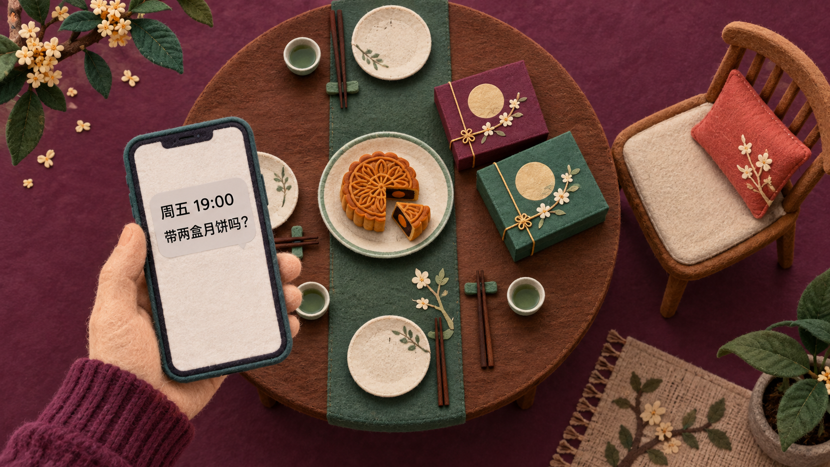 Illustration textile vue du dessus : une main tient un téléphone affichant une invitation en chinois pour vendredi à 19 h, près d'une table familiale, de deux boîtes et d'un gâteau de lune.