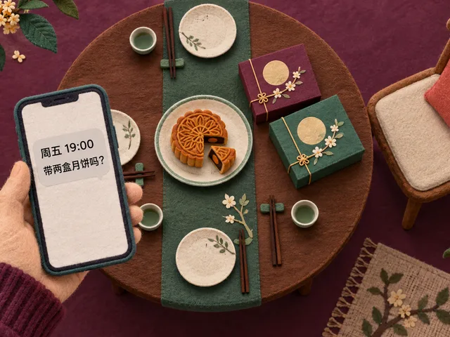Illustration textile vue du dessus : une main tient un téléphone affichant une invitation en chinois pour vendredi à 19 h, près d'une table familiale, de deux boîtes et d'un gâteau de lune.