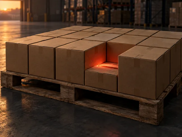 Palette de cartons dans un entrepôt ; une case vide éclairée au centre rend visible un colis manquant.