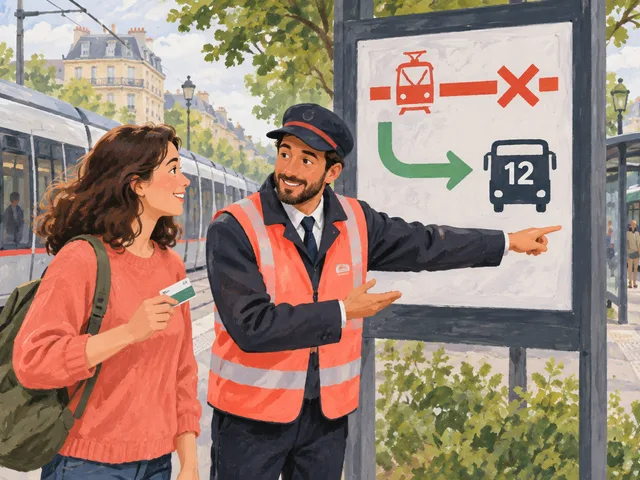 Illustration en gouache d’une voyageuse écoutant une agente devant un panneau montrant un tram interrompu et le bus 12 comme itinéraire de remplacement.
