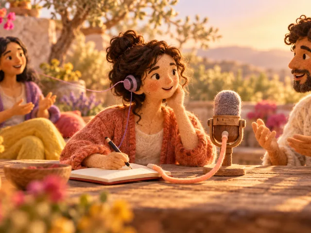 Illustration en feutre d’une apprenante qui échange au micro avec un interlocuteur tout en écoutant une seconde voix dans une oreillette, pour choisir une variété principale de portugais sans ignorer l’autre.