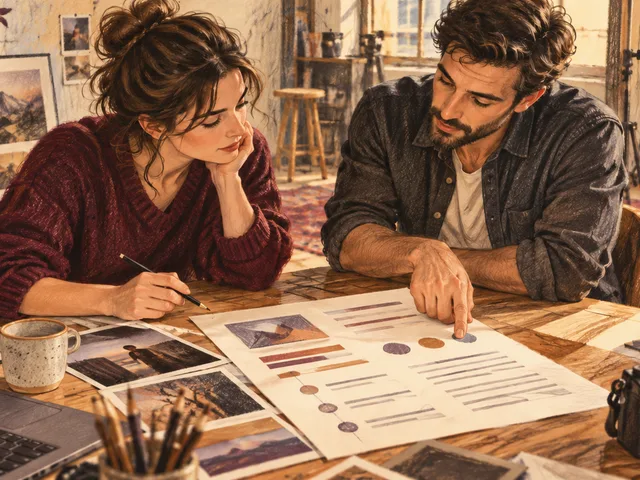 Illustration d’une indépendante créative et d’un client professionnel reprenant ensemble le périmètre d’un devis avant de discuter du prix.