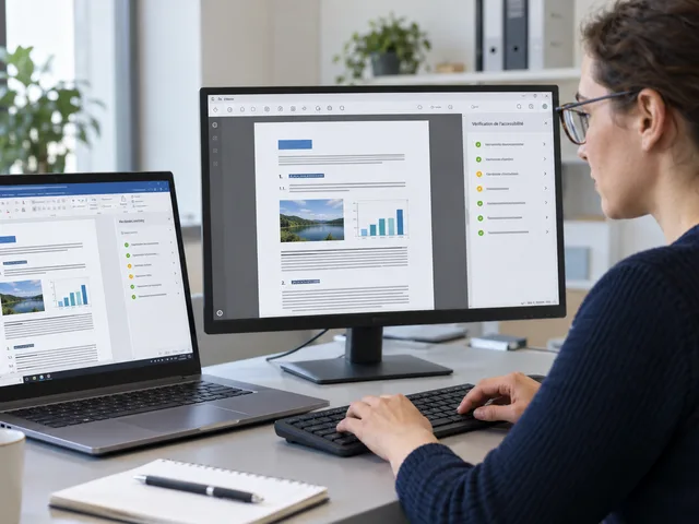 Illustration générée : une professionnelle compare un rapport structuré dans Word sur un ordinateur portable et son PDF exporté sur un second écran, avec un panneau de contrôle d’accessibilité.