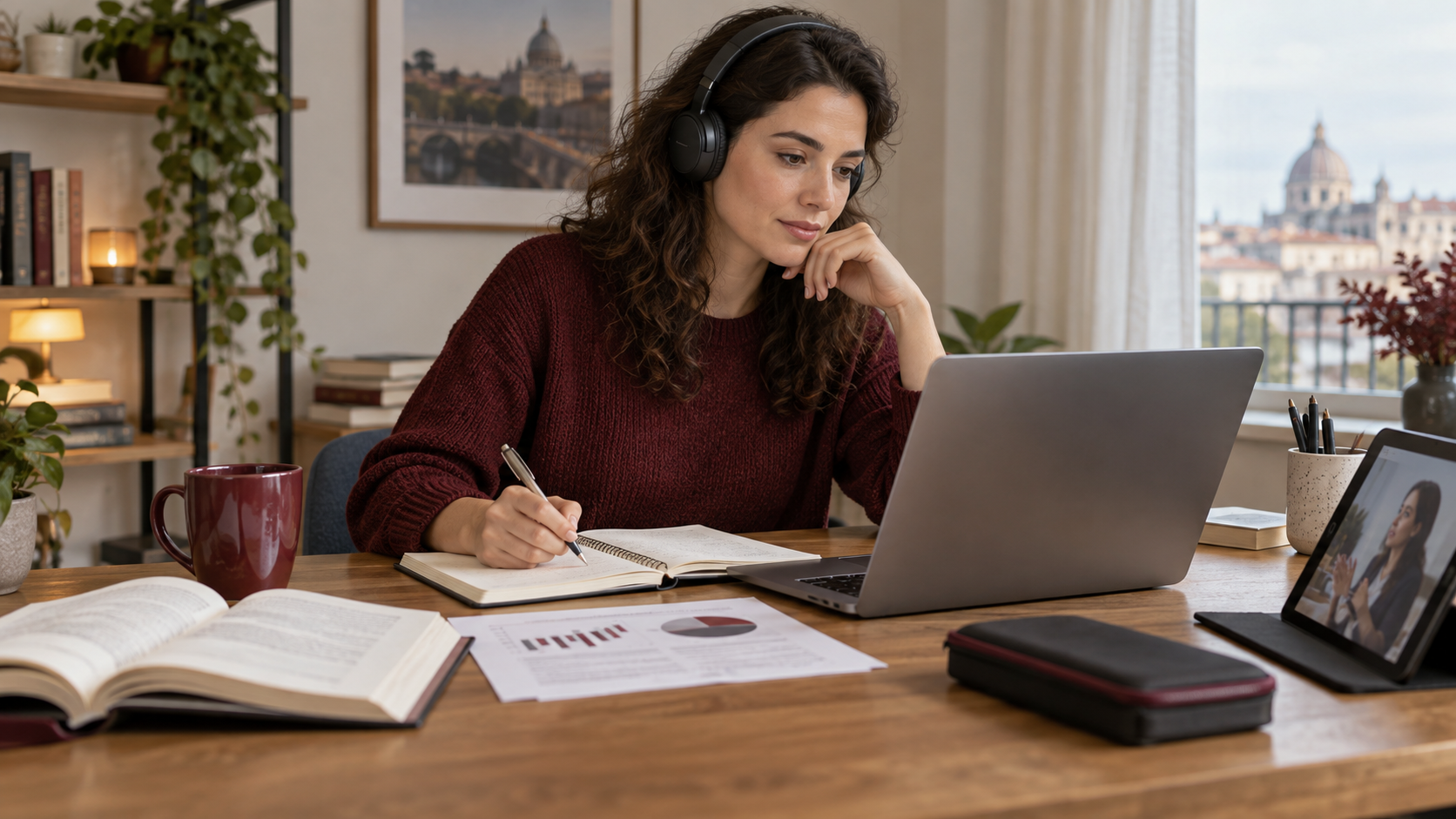 Adulte préparant une nouvelle tentative au TEF IRN avec casque, ordinateur et cahier, en travaillant une compétence prioritaire.