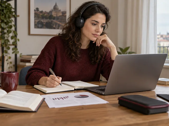 Adulte préparant une nouvelle tentative au TEF IRN avec casque, ordinateur et cahier, en travaillant une compétence prioritaire.