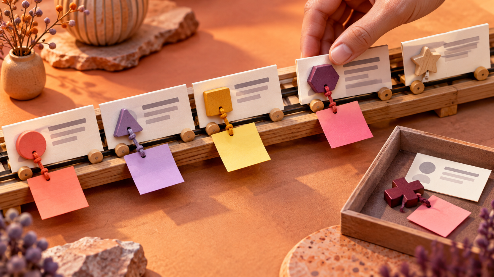 Illustration en papier découpé montrant des fiches de données qui changent d’ordre tandis que leurs notes restent attachées à des identifiants colorés.