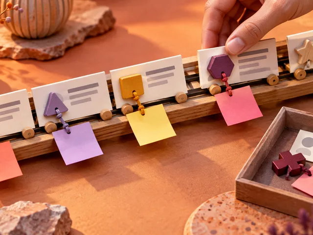 Illustration en papier découpé montrant des fiches de données qui changent d’ordre tandis que leurs notes restent attachées à des identifiants colorés.