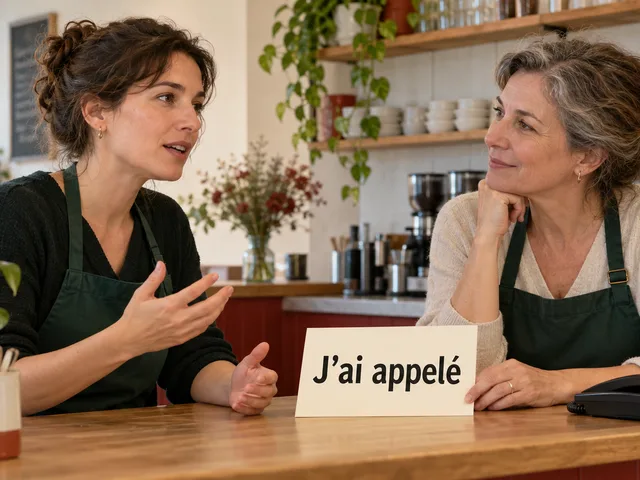 Scène illustrative générée : une salariée s’exerce à parler français, face à une collègue qui l’écoute, avec une carte « J’ai appelé » et un téléphone sur le comptoir.