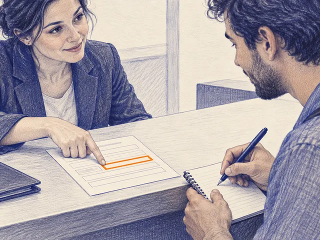 Illustration générée au stylo-bille cobalt : au comptoir d’un service non identifié, une agente montre une case surlignée sur une fiche tandis qu’un apprenant note la prochaine étape.