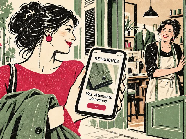 Illustration en linogravure d’une cliente portant une veste, son téléphone montrant une publication de retoucherie, devant une couturière qui l’accueille à la porte de son atelier.