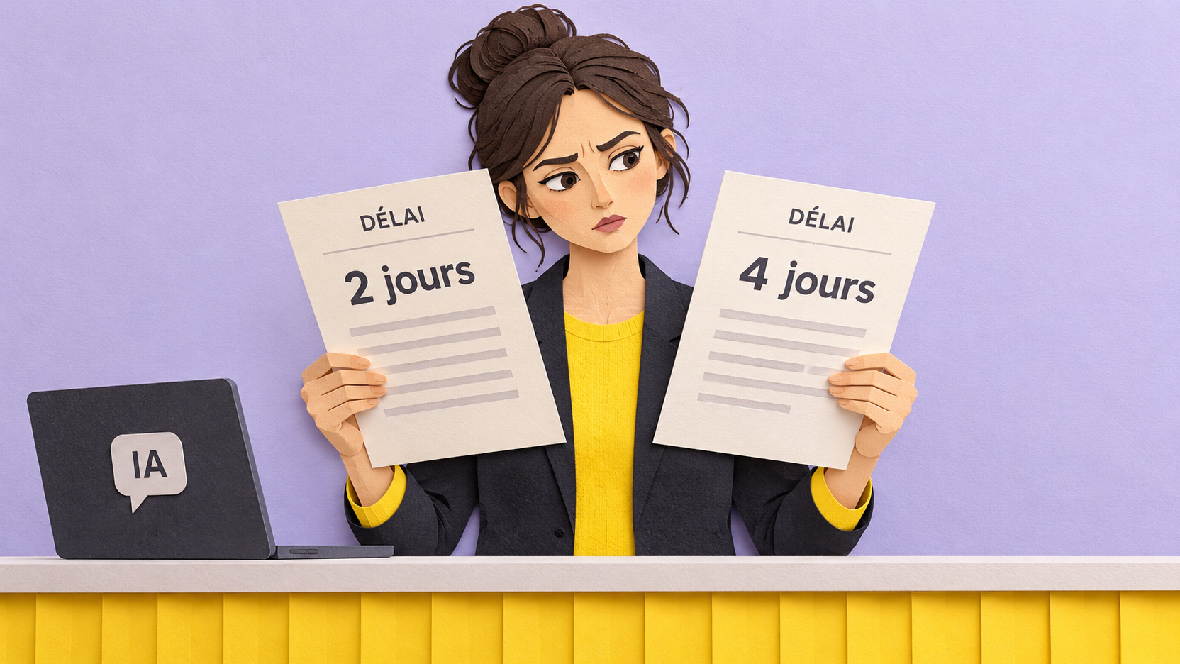 Illustration générée en papier découpé : une professionnelle compare deux documents indiquant des délais de deux et quatre jours, à côté d’un ordinateur marqué IA.