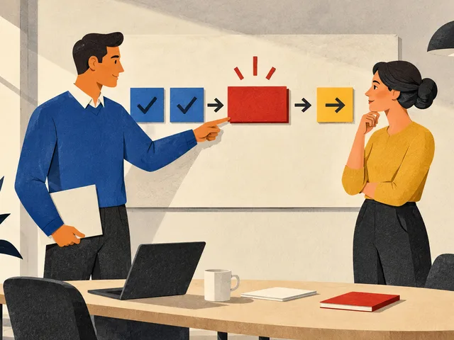 Image générée : pendant une courte réunion d’équipe, un collègue montre un bloc rouge entre l’avancement et la prochaine action sur un tableau sans texte.