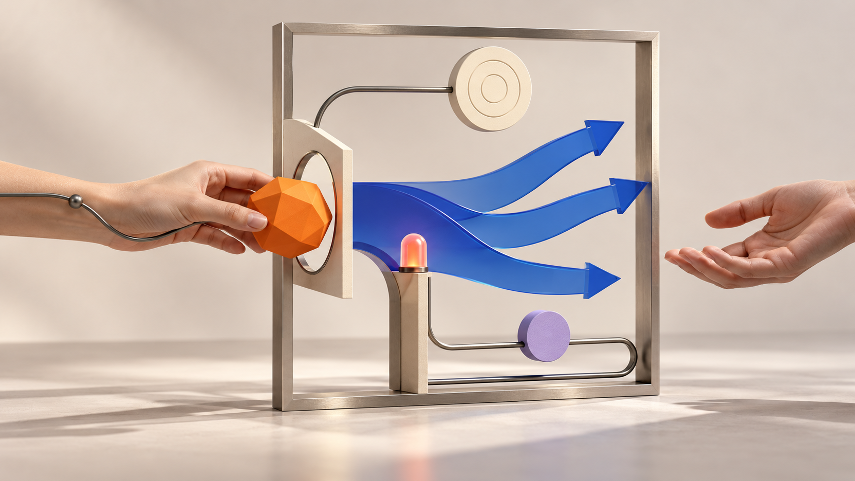 Deux mains se transmettent un objet orange à travers un cadre où des voies libres, une balise, une cible et un jeton symbolisent le résultat, la marge de décision, l’alerte et le suivi.