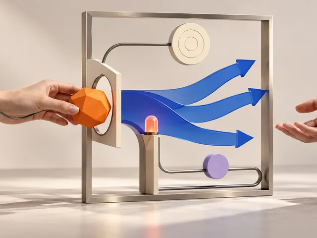 Deux mains se transmettent un objet orange à travers un cadre où des voies libres, une balise, une cible et un jeton symbolisent le résultat, la marge de décision, l’alerte et le suivi.