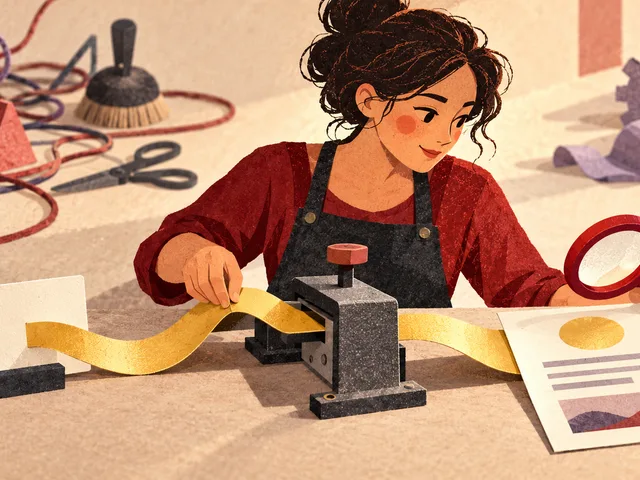 Collage sérigraphique montrant une personne à un établi qui choisit un seul chemin entre une tâche, un livrable papier et une loupe de contrôle, tandis que plusieurs outils restent à l’écart.