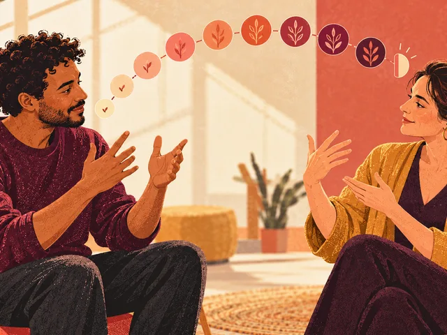 Illustration générée de deux adultes échangeant en LSF pendant un cours, sous une suite de jetons qui symbolise une première progression encore inachevée.