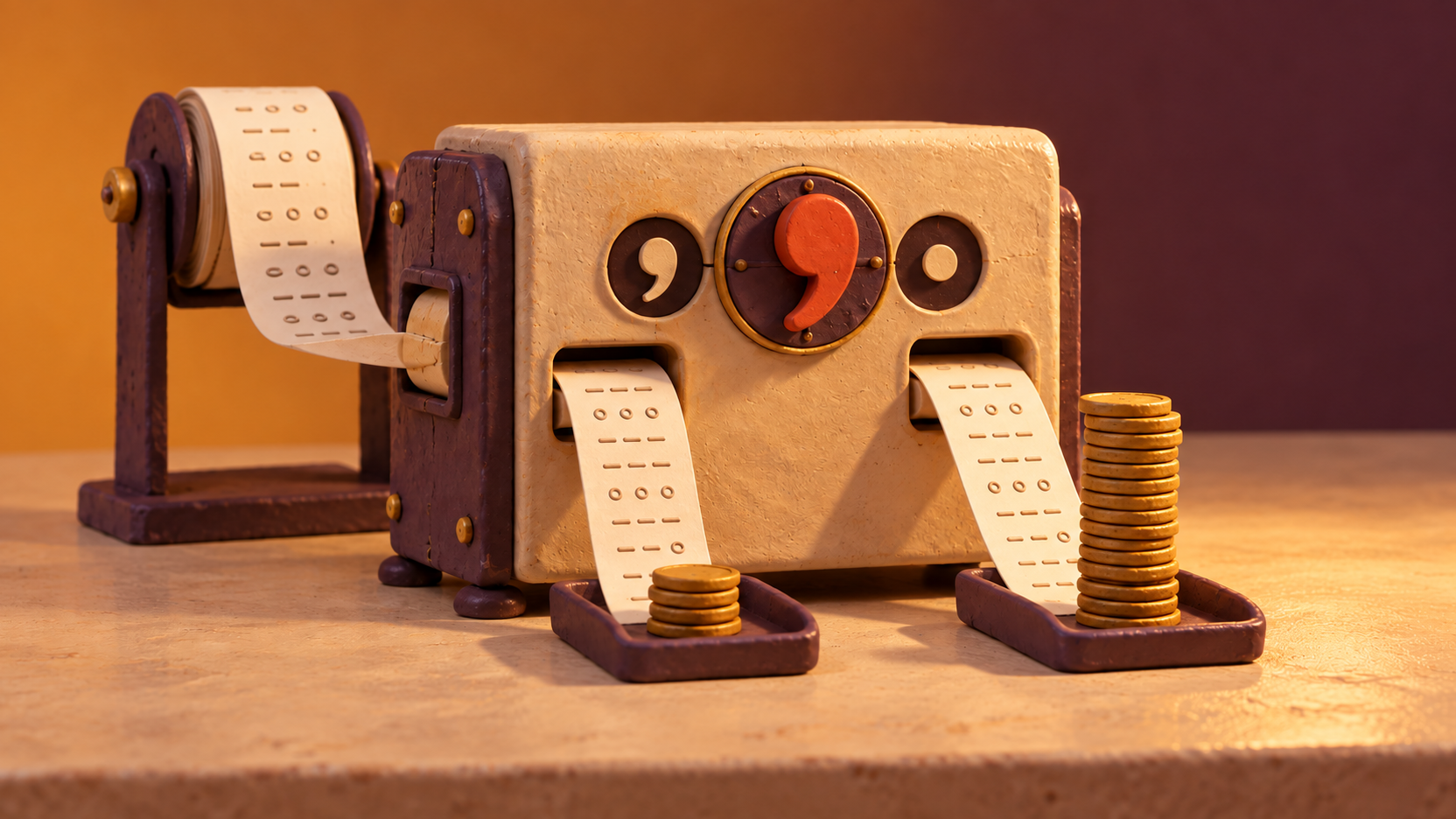 Maquette en céramique d’une machine qui dirige un même montant vers deux piles différentes selon un sélecteur virgule ou point.