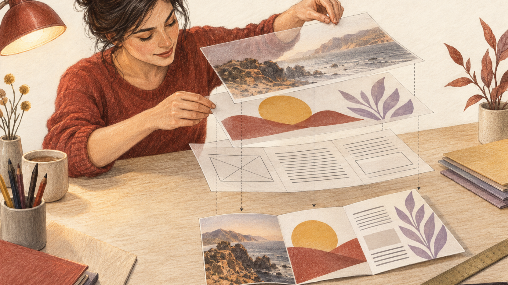 Illustration générée au crayon et à l’encre montrant une apprenante alignant une photographie, une forme vectorielle et une grille de mise en page au-dessus d’un dépliant final.