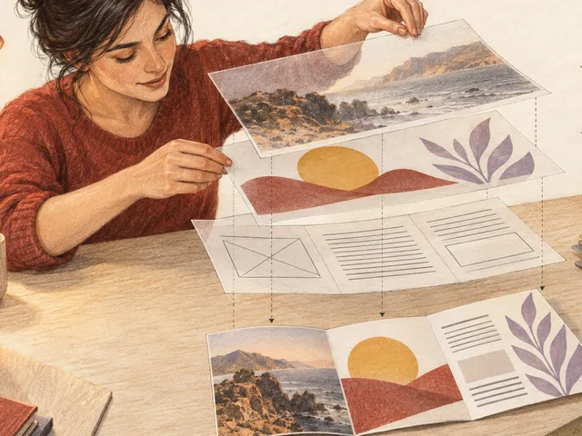Illustration générée au crayon et à l’encre montrant une apprenante alignant une photographie, une forme vectorielle et une grille de mise en page au-dessus d’un dépliant final.