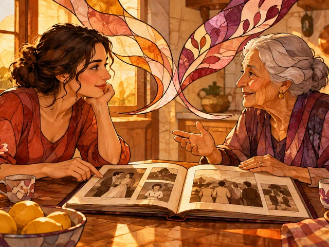 Illustration en vitrail contemporain d’une adulte et d’une proche plus âgée échangeant à une table familiale, leurs rubans de parole convergeant au-dessus d’un album.