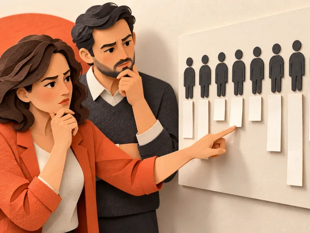 Illustration générée en papier découpé : deux personnes examinent un panneau de silhouettes ; une femme pointe une bande courte parmi des bandes de longueurs différentes.