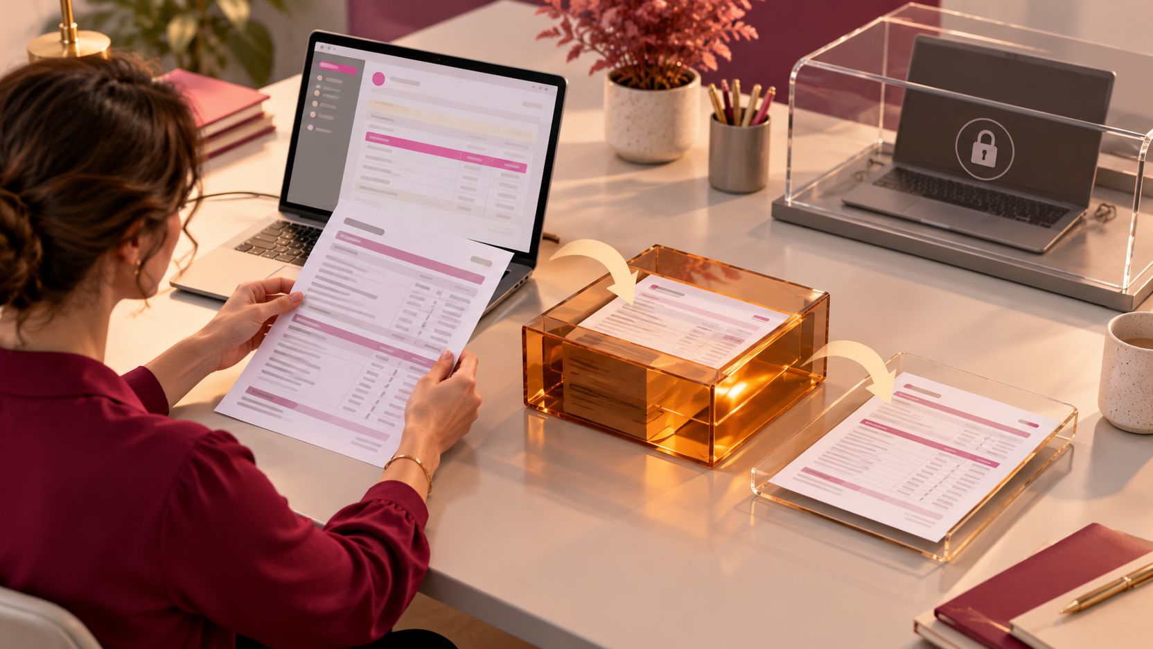 Illustration éditoriale d’une professionnelle de paie comparant une nouvelle fiche à un dossier de test, tandis qu’un second ordinateur de production reste protégé sous un capot transparent.