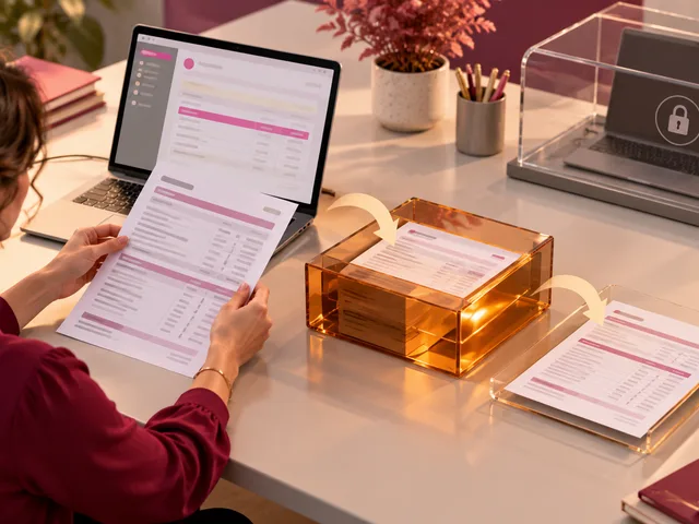 Illustration éditoriale d’une professionnelle de paie comparant une nouvelle fiche à un dossier de test, tandis qu’un second ordinateur de production reste protégé sous un capot transparent.