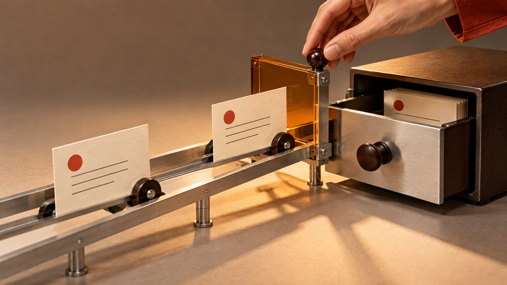 Illustration générée d’une machine miniature laissant une fiche de formulaire entrer dans un casier CRM et retenant sa copie identique avant création d’un doublon.