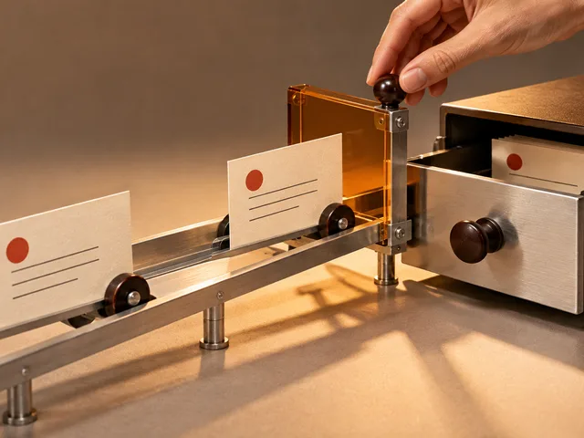 Illustration générée d’une machine miniature laissant une fiche de formulaire entrer dans un casier CRM et retenant sa copie identique avant création d’un doublon.