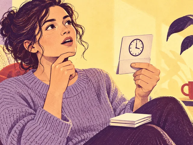 Illustration générée : une femme lève les yeux pour retrouver une expression, tenant une fiche repliée avec une horloge et le doigt sur sa partie inférieure.