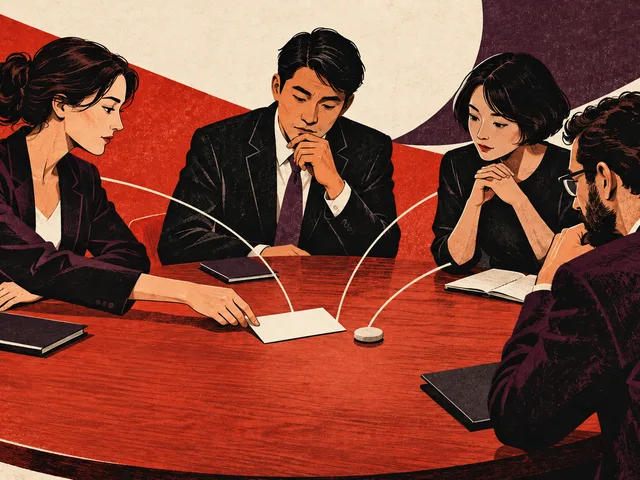 Illustration en linogravure de quatre professionnels concentrés autour d’une table, trois lignes relationnelles convergeant vers une carte d’ordre du jour vierge et un jeton de suivi.