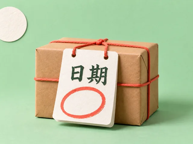 Illustration générée en papier découpé : un colis kraft porte une étiquette de calendrier marquée 日期, « date », sur un fond vert menthe avec une lune blanche.
