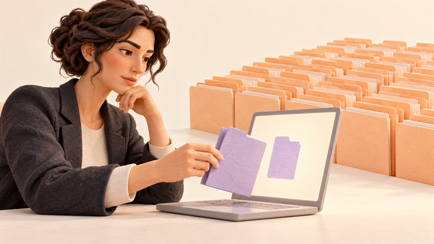 Illustration : une responsable présente un dossier lilas devant un ordinateur, tandis que de nombreux autres dossiers restent séparés à l’arrière-plan.